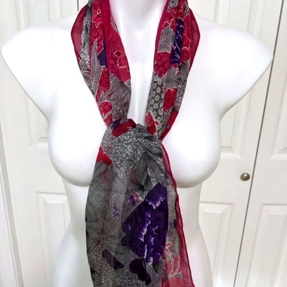 Vintage Women's Grey/Fuschia/Purple Oblong Floral Chiffon Scarf - Picture 5 of 5